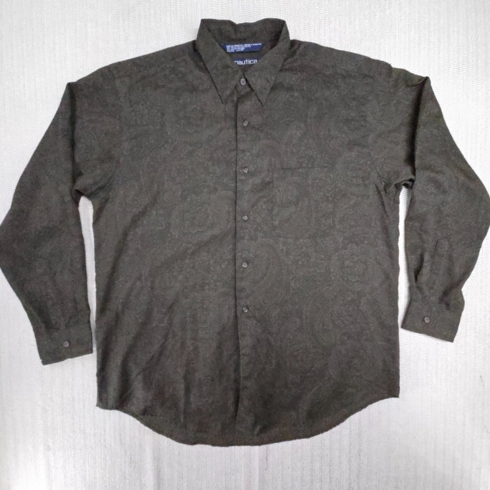 Nautica Shirt Mens Large Green Big Paisley All Over Print Button Up‎ Down Pocket